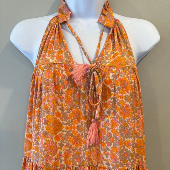 Raga Shalina Ruffle Tassel Tie Collar Satin Maxi Dress Orange Pink Sz Med NWT - Picture 3 of 9